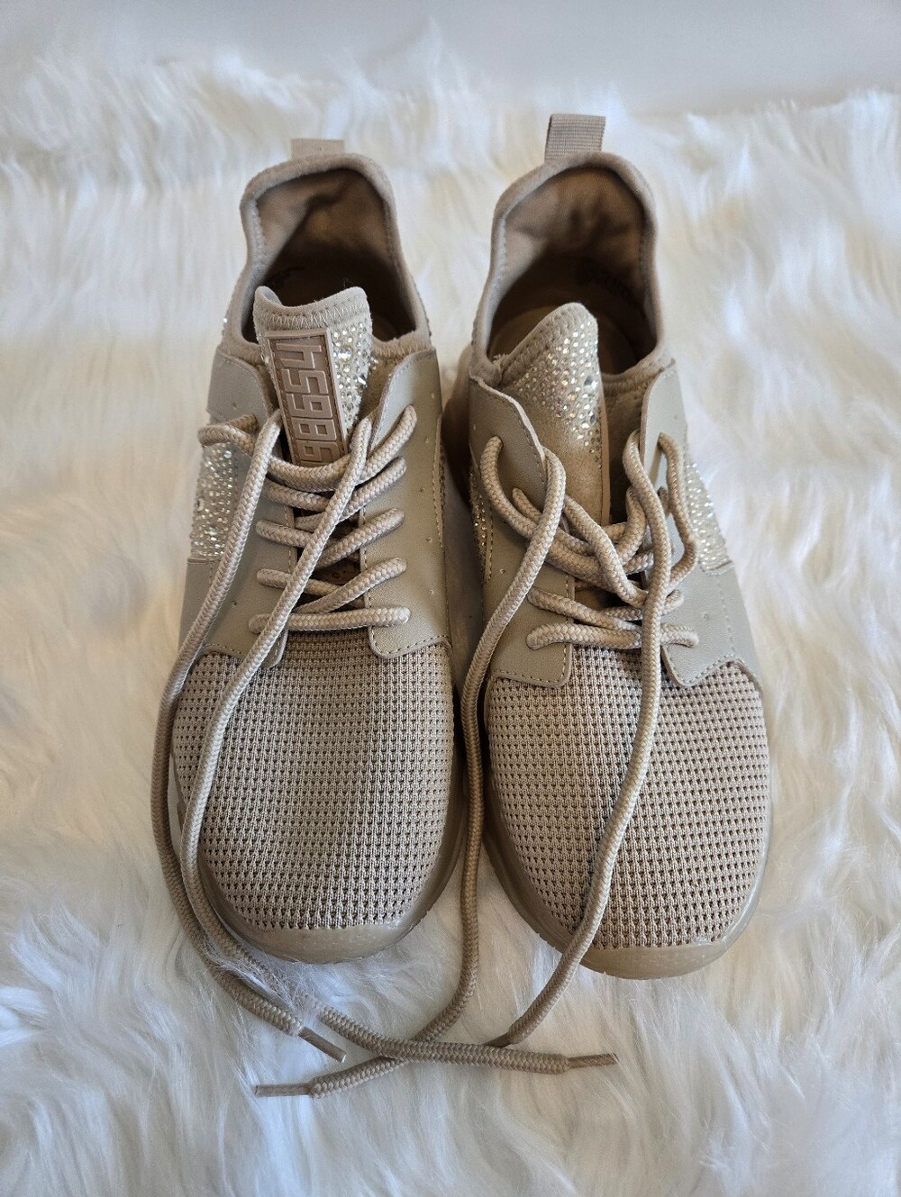 Steve Madden Rhinestone Chunky Sneakers Beige Nude Knit Lace Up Women's Size 10